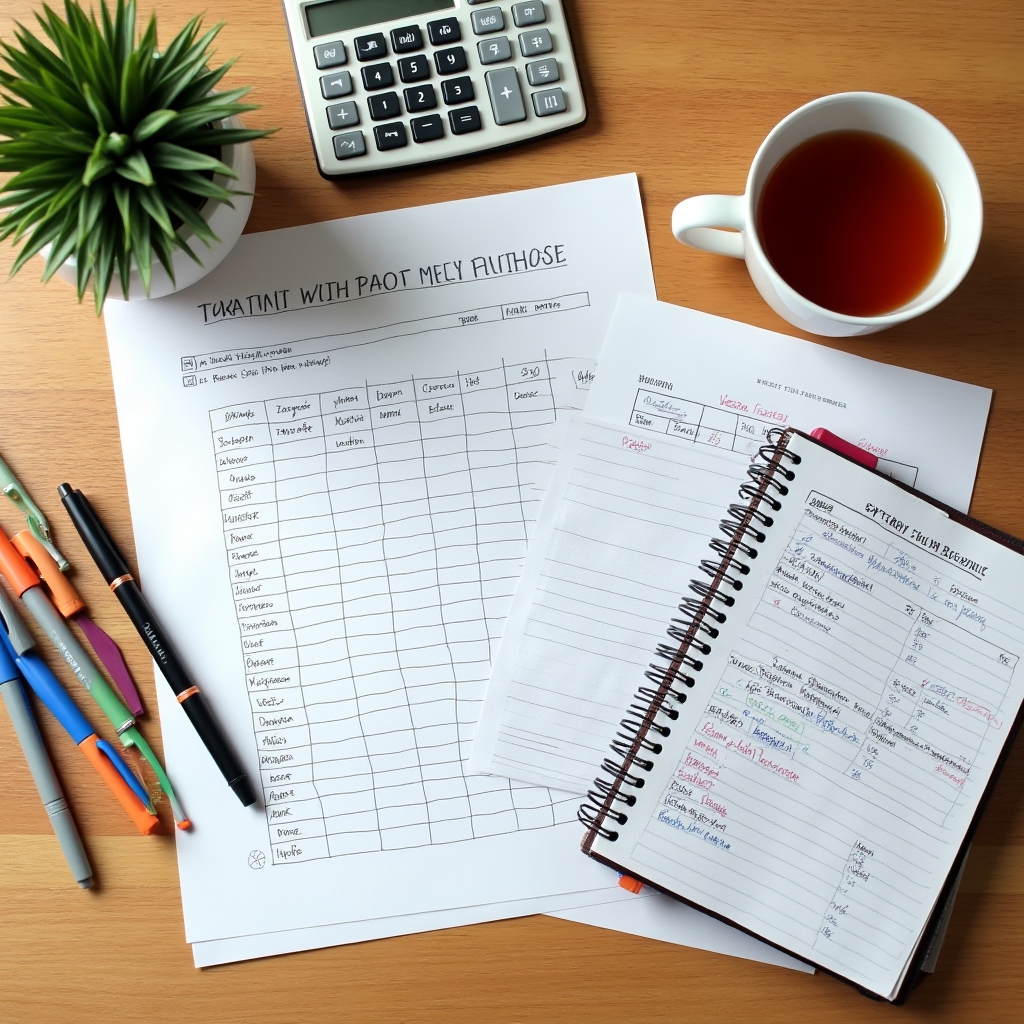 Планирование бюджета на столе с документами и калькулятором