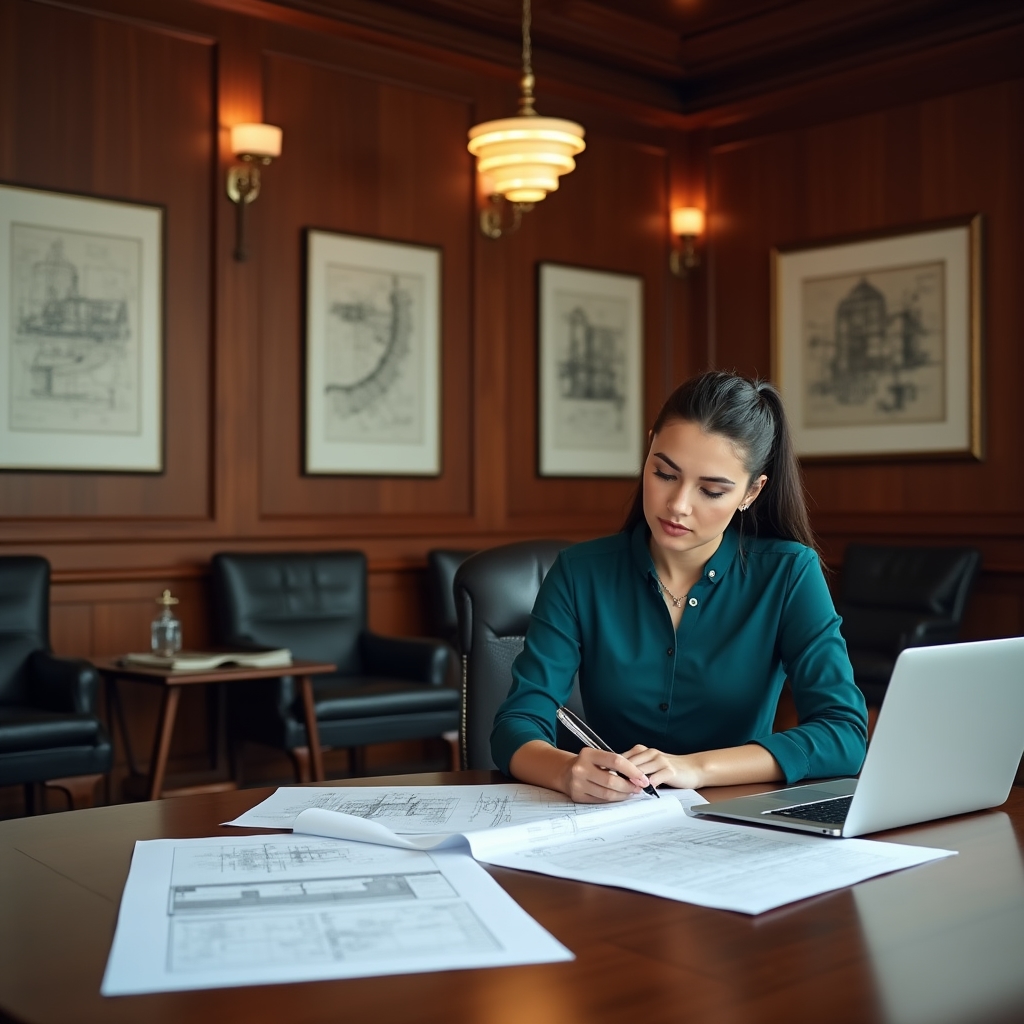 Инженер горнодобывающего предприятия за рабочим столом с чертежами