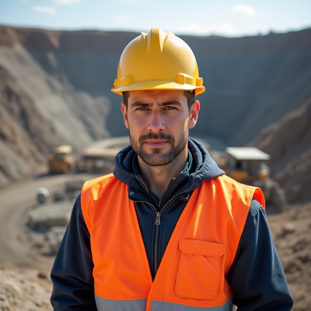 Работник добывающего предприятия в защитной каске на фоне промышленного объекта