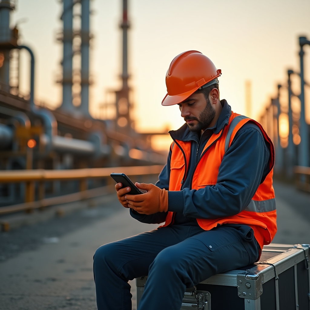 Работник нефтяного месторождения во время перерыва смотрит в телефон