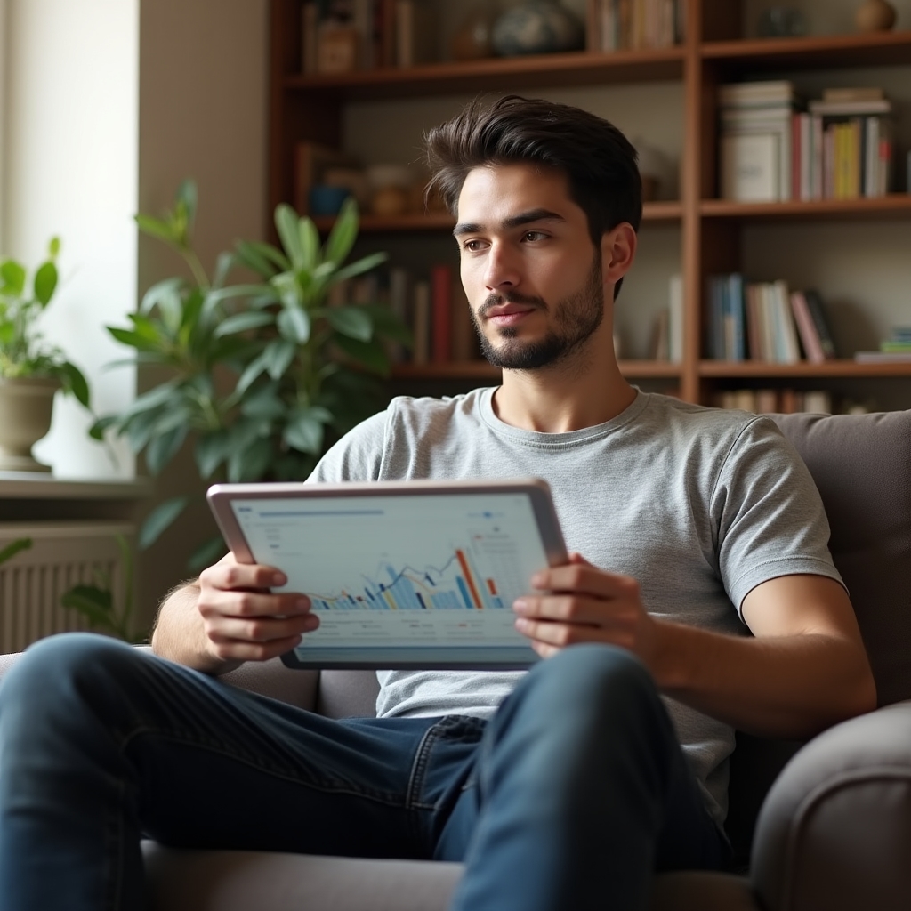 Человек проходит онлайн-курс на планшете в домашней обстановке