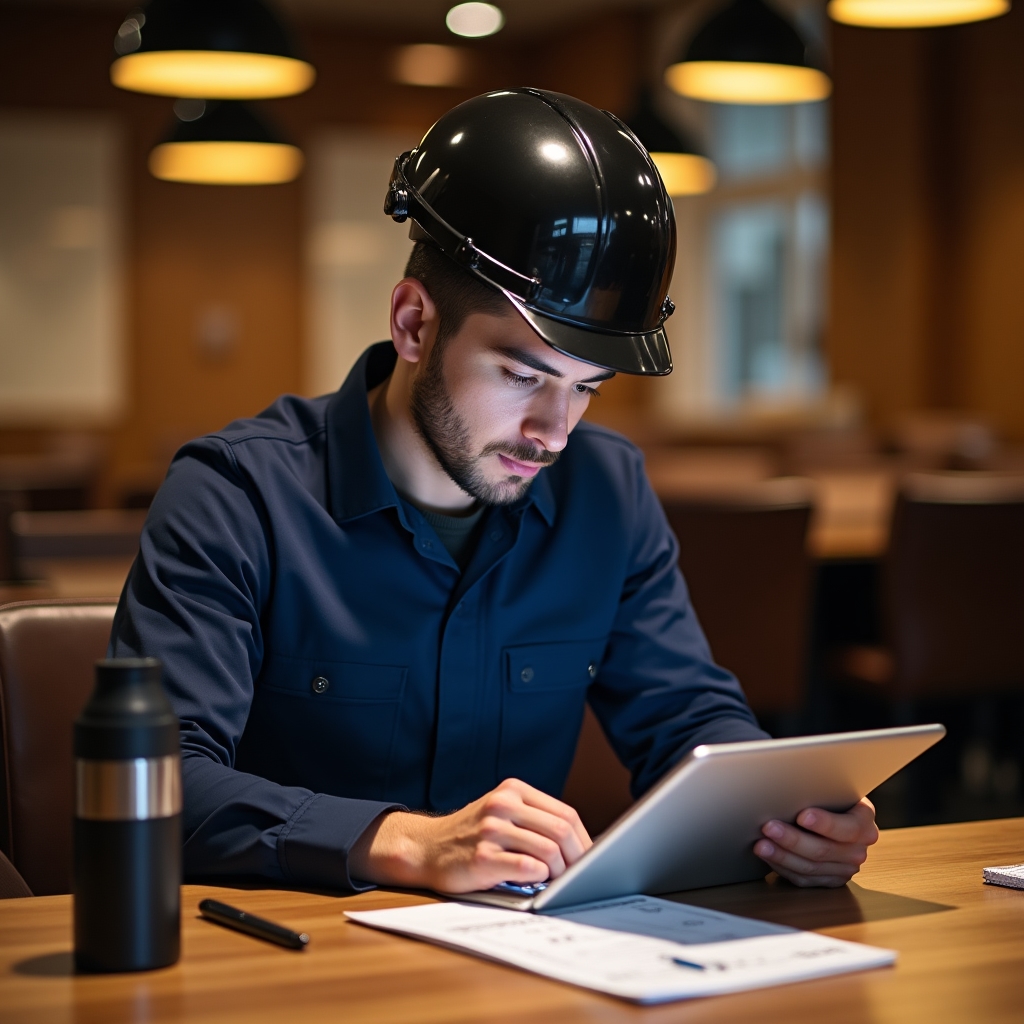 Вахтовый работник изучает финансовый план на планшете