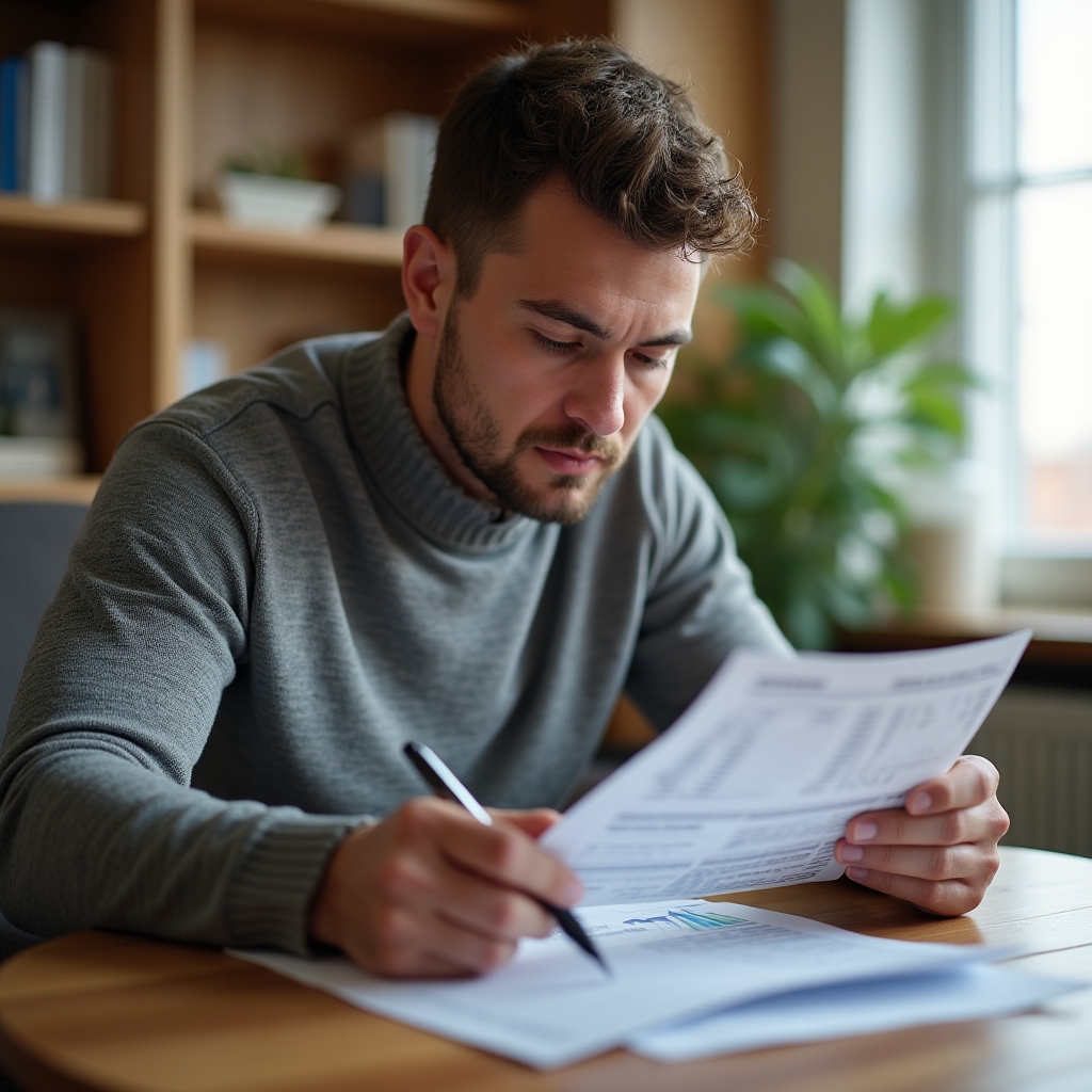 Вахтовый работник проверяет финансовые документы в комнате отдыха